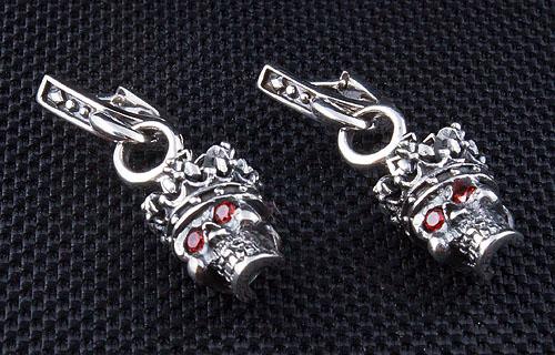 Sterling Silver Crown Garnet Skull Earrings