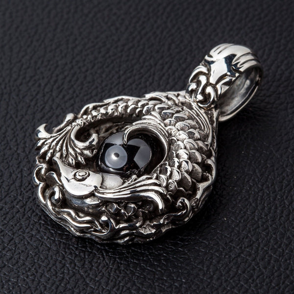 Onyx Japanese Koi Fish Silver Pendant
