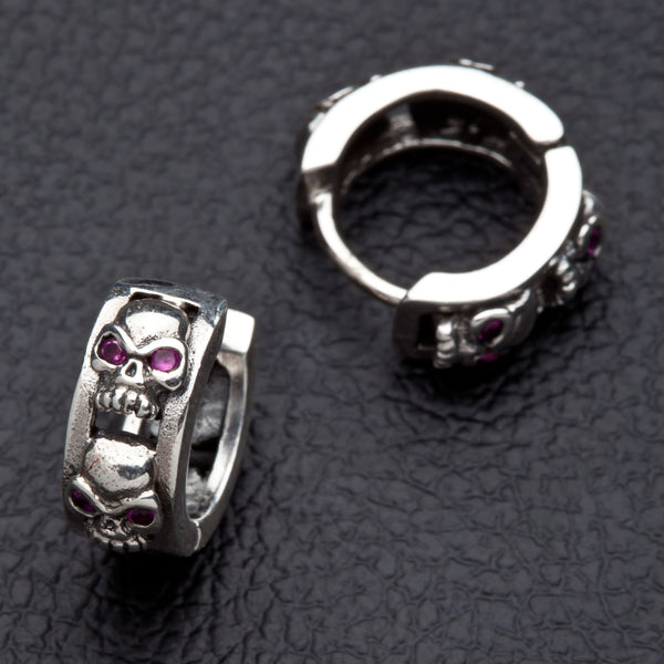 Мужские серьги-кольца из стерлингового серебра с рубиновым черепом