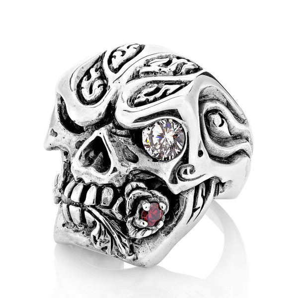 Серебряное кольцо с черепом и розой