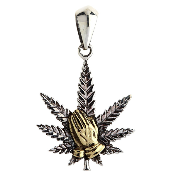 Collana in argento sterling con ciondolo a forma di marijuana con mani in preghiera