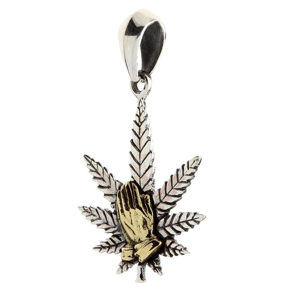 Collana in argento sterling con ciondolo a forma di marijuana con mani in preghiera