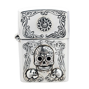 Mexican sugar skull sterling silver Zippo case front view