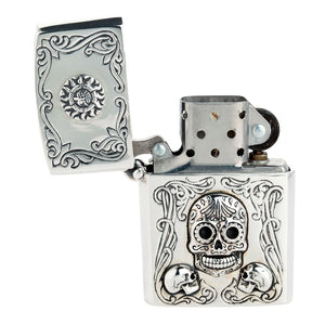 Mexican sugar skull sterling silver lighter case open with a standard Zippo insert shown for compatibility; insert not included