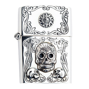 Mexican sugar skull sterling silver Zippo case ornate front detail