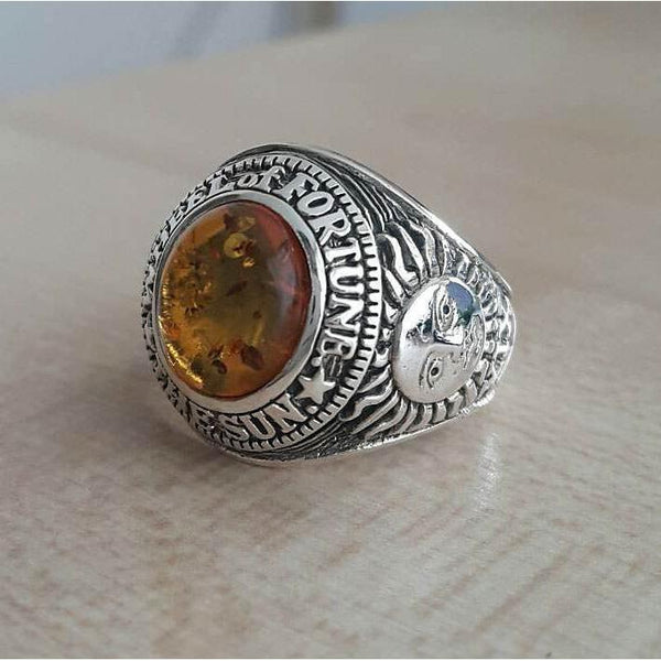 Sterling Silver Amulet Amber Mens Ring