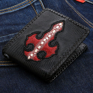 Biker Wallet Red Cross Black Lizard Leather