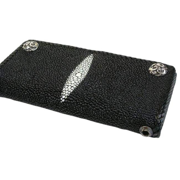 Black Stingray Leather Trifold Long Wallet