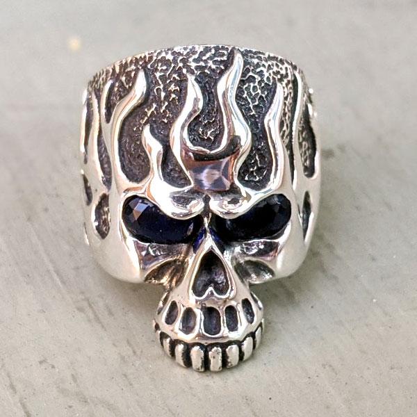 Silver Blue Sapphire Eyes Flame Skull Ring