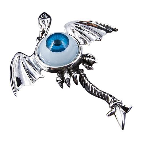 Sterling Silver Blue Eyeball Gothic Wings Pendant