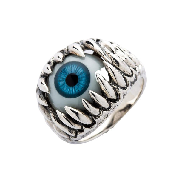 Silberner Gothic-Klauen-Augapfelring mit blauem Auge