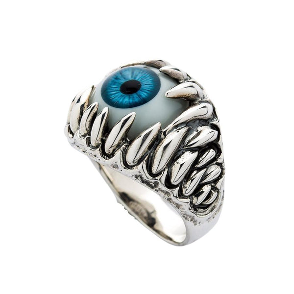 Silver Gothic Claw Blue Eye Eyeball Ring