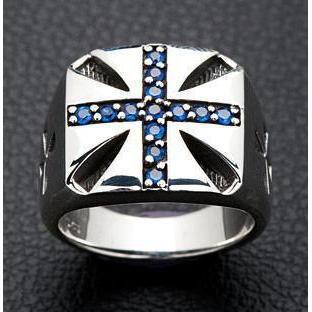 Blue Sapphire Cross Silver Biker Rings