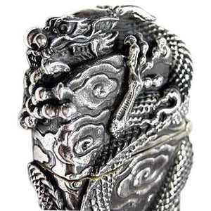 Chinese Dragon Sterling Silver Biker Lighter, close-up dragon head and cloud curls