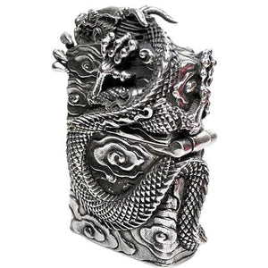 Chinese Dragon Sterling Silver Biker Lighter, angled dragon body and flip-top seam