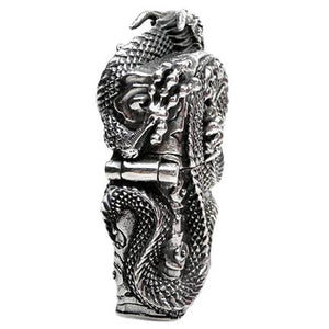 Chinese Dragon Sterling Silver Biker Lighter, side hinge and dragon relief