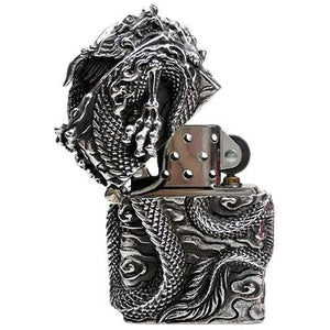 Chinese Dragon Sterling Silver Biker Lighter, open flip-top lid and insert