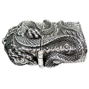 Chinese Dragon Sterling Silver Biker Lighter, horizontal rear dragon and hinge