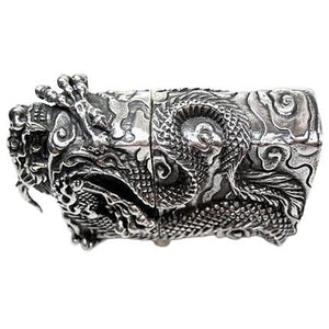 Chinese Dragon Sterling Silver Biker Lighter, horizontal front dragon relief