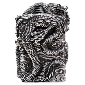 Chinese Dragon Sterling Silver Biker Lighter, front Chinese dragon and scrolling clouds