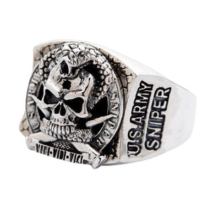 Cobra skull sniper silver ring, skull from angled front