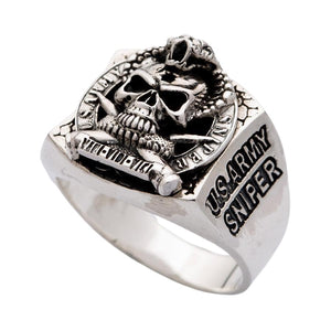 Cobra skull sniper silver ring, sniper lettering close view