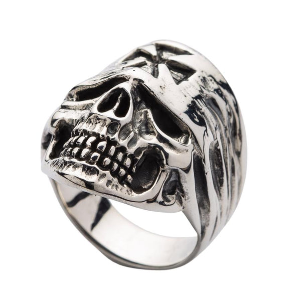 Sterling Silver Cross Bandana Biker Skull Ring