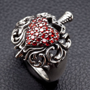 Garnet Heart Dagger Sterling Silver Ring — front close-up of red stone heart
