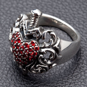 Garnet Heart Dagger Sterling Silver Ring — side profile of heart and silver band