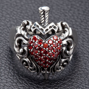 Garnet Heart Dagger Sterling Silver Ring — front view of garnet heart and dagger