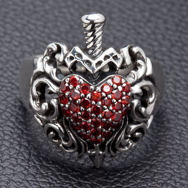 Sterling Silver Gothic Red Heart Dagger Rings