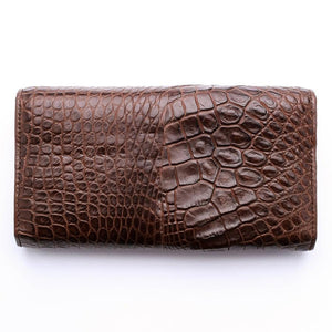 Cartera para mujer de piel de espinazo de cocodrilo genuino marrón oscuro