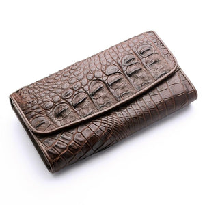 Cartera para mujer de piel de espinazo de cocodrilo genuino marrón oscuro