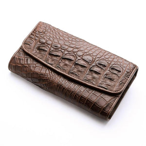 Cartera para mujer de piel de espinazo de cocodrilo genuino marrón oscuro