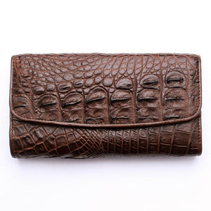 Cartera para mujer de piel de espinazo de cocodrilo genuino marrón oscuro