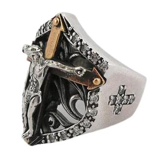 Мужское кольцо с крестиком из стерлингового серебра с бриллиантом Иисус