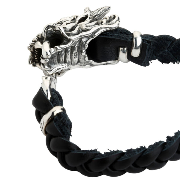 Bracelet chaîne en cuir argenté tête de dragon