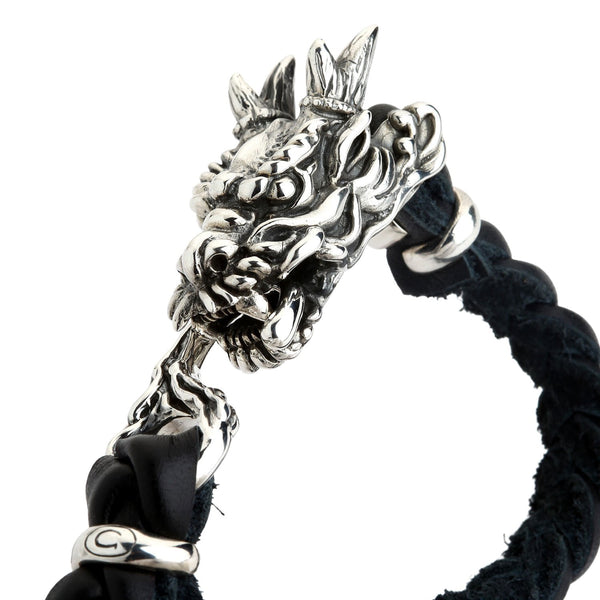 Bracciale a catena in pelle argento con testa di drago