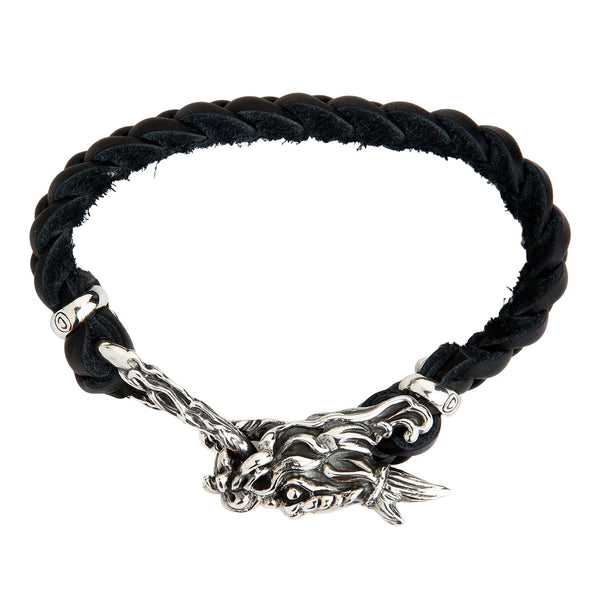 Серебряный кожаный браслет-цепочка с головой дракона