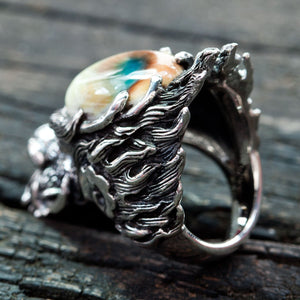 Shiva Shell Dragon 925 Sterling Silver Ring, side profile of sculpted dragon and band