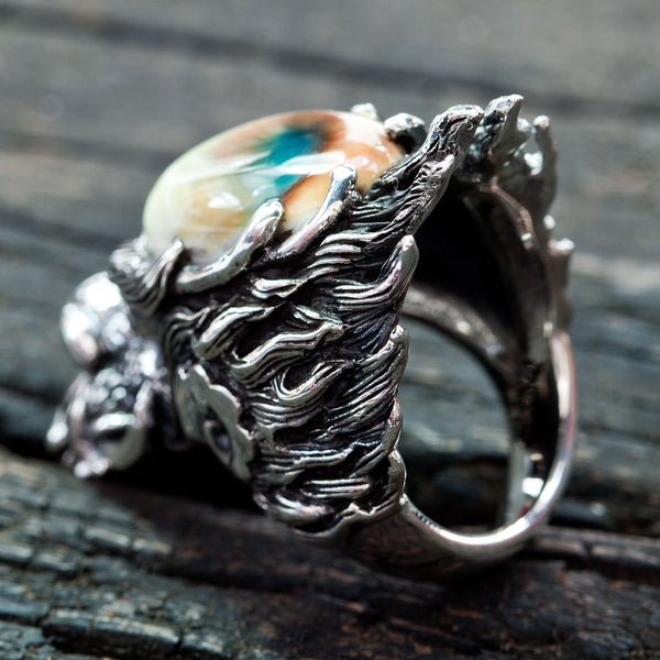 Anel de cabeça de dragão masculino em prata esterlina