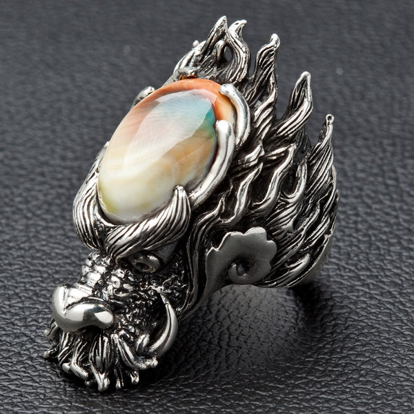 Anel de cabeça de dragão masculino em prata esterlina