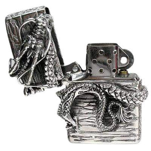 Dragon Book Sterling Silver Lighter, open flip-top lid and insert