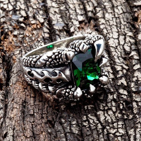 Emerald Silver Claw Mens Gothic Ring