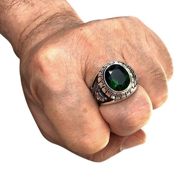 JAPANESE TIGER DRAGON 925 STERLING SILVER MENS RING BLUE STONE BIKER ROCKER