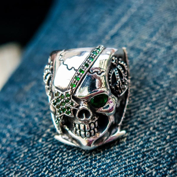 Sterling Silver Emerald Pirate Skull Ring