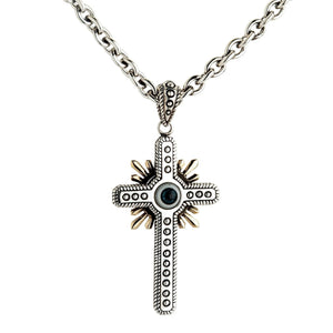 Full presentation of the sterling silver cross necklace, highlighting the dotted arms, gold sunburst, and thick cable chain.