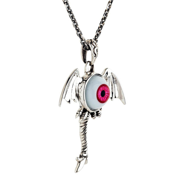 Sterling Silver Red Evil Eye Gothic Wings Pendant