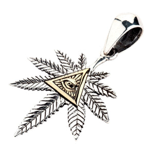 Eye of Providence Cannabis Leaf Silver Pendant, angled close-up of brass triangle
