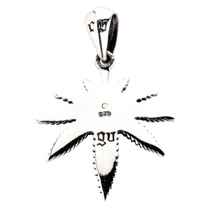 Eye of Providence Cannabis Leaf Silver Pendant, front close-up of leaf and eye